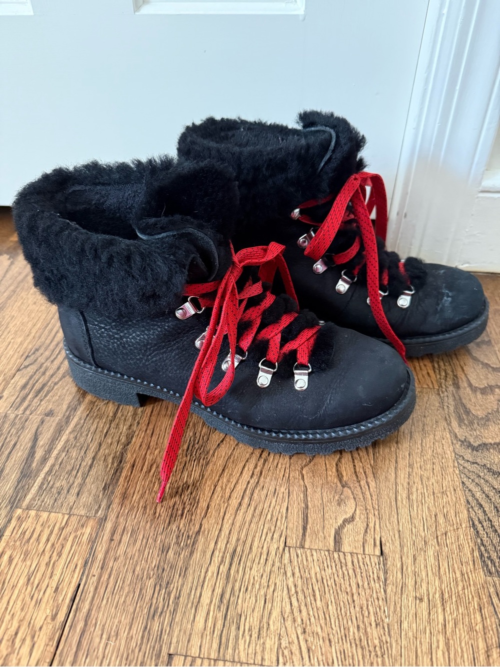 J. Crew Black Faux-Fur Lace-Up Winter Boots with Red Laces